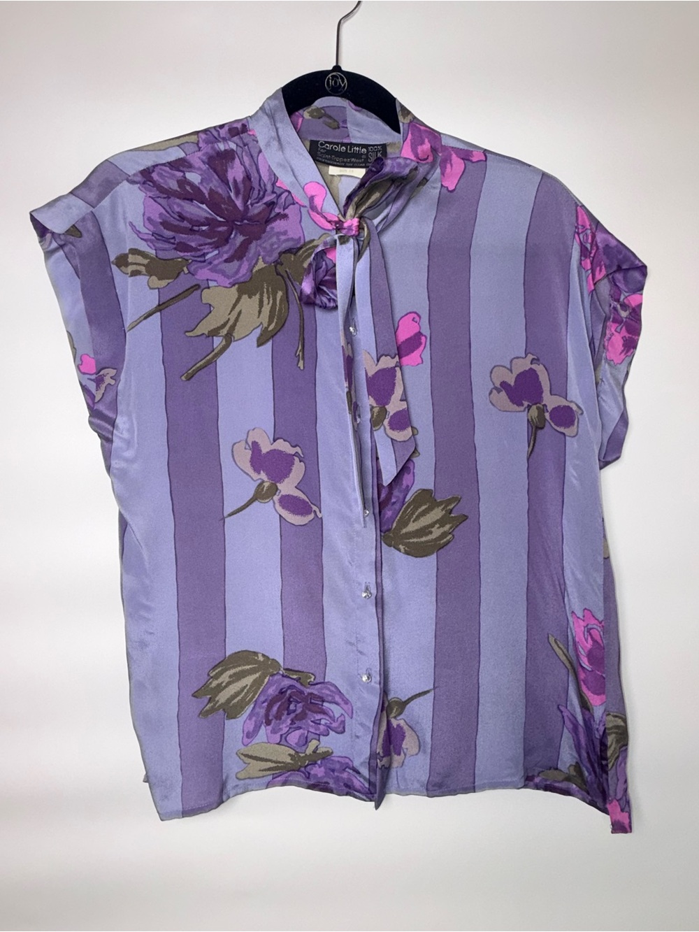 Vtg Carole Little Silk Blouse 12 Purple Floral Stripe Whimsigoth 90s Tie Neck